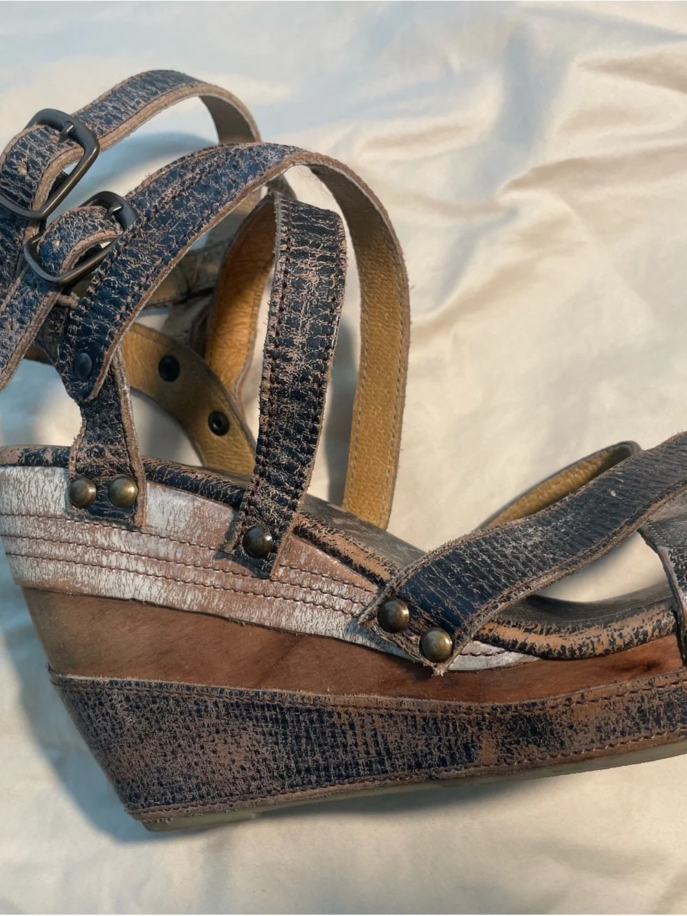 BED|STU Distressed Brown Multi-Strap Wedge Sandals